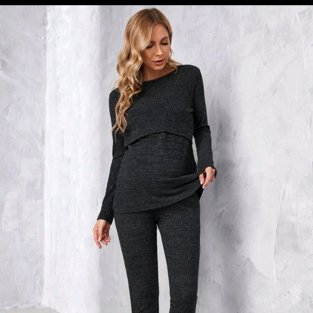 🍀SHEIN Charcoal Ribbed Breastfeeding Top